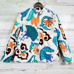 Hearts of Palm Womens Sz 14 White Blue Cotton Floral Embroidered Button UpJacket